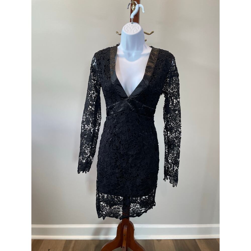 ChicMe Size M Black Lace Long‑Sleeve Dress Satin Trim  Lace Overlay (NWT)